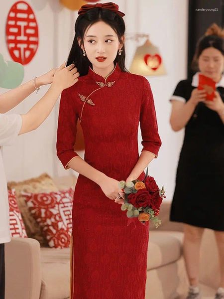 Ropa étnica Vestido de mujer chino rojo Vintage Manga larga Qipao Sexy Elegante Cheongsam para fiesta de boda Tamaño S-2XL