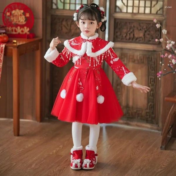 Vêtements ethniques Rouge Chinois Année Vêtements Fille Hanfu Hiver Enfants Tang Costume Enfant Plus Robe Rembourrée Costumes De Noël