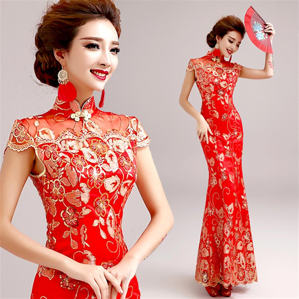 Etnische Kleding Rode Borduurwerk Cheongsam Moderne Qipao Lange Chinese Vrouwen Traditionele Avondjurk Oosterse Elegante Feestjurk2416