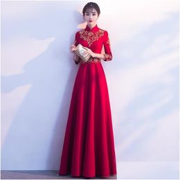 Vêtements ethniques Robe de soirée chinoise brodée rouge longue mariée Qipao style oriental robes de soirée robe de demoiselle d'honneur cérémonie fille Gow Dhzn3