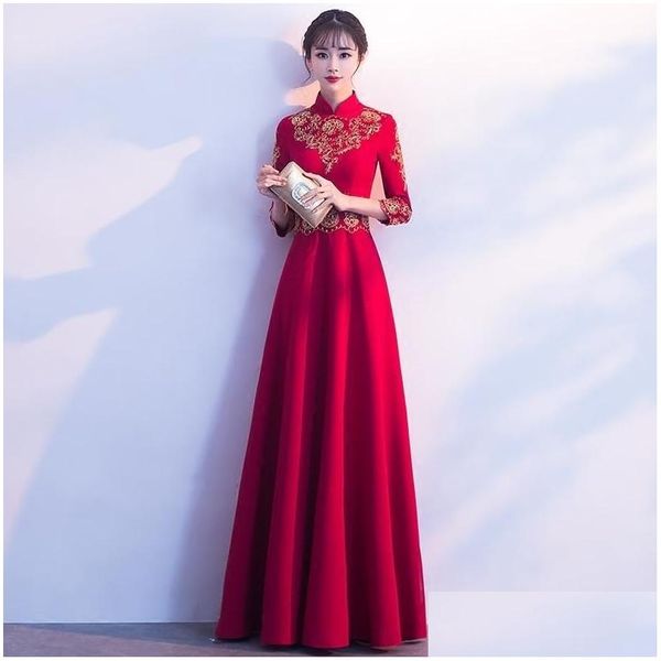 Vêtements ethniques Robe de soirée chinoise brodée rouge longue mariée Qipao style oriental robes de soirée robe de demoiselle d'honneur cérémonie fille Gow Dhzj4