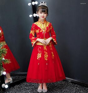 Vêtements ethniques rouge fleur fille robe pour mariage filles chinois Hanfu longue dentelle broderie Cheongsam princesse robes enfants année