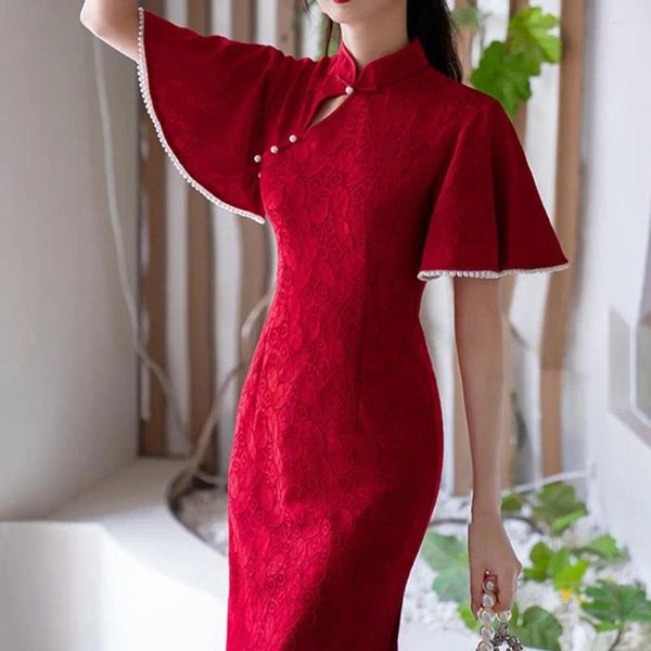 Ropa étnica Cheongsam de encaje rojo Mujeres elegante vestido retro collar de soporte 3/4 manga jacquard qipao estilo chino boda de noche