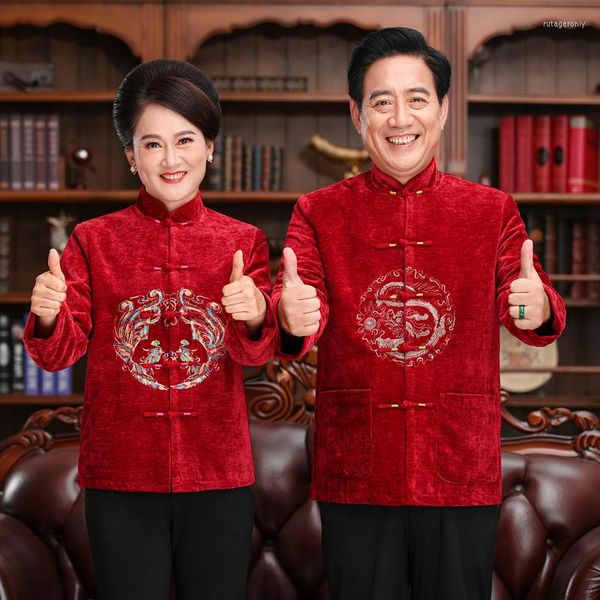 Vêtements ethniques rouge d'âge moyen chinois Tang Costume broderie Costume Couple vêtements mariage hommes femmes Cheongsam hauts 3XL 4XL 5XL