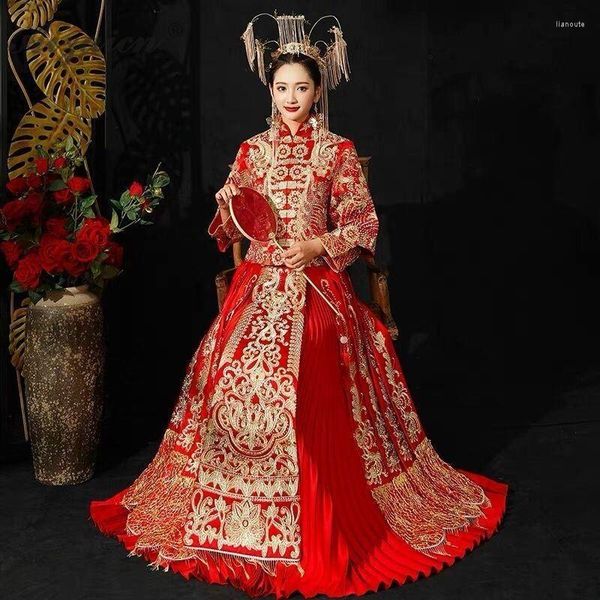 Vêtements ethniques jupe plissée rouge mariée chinoise longue cheongsam femmes modernes robe de mariée traditionnelle chinoise Qipao robe rétro orientale