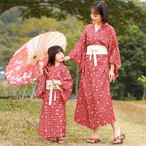 Etnische kleding Rode print Japanse kimono moederdochter Cardigan traditionele yukata sexy v-neck dagelijkse slijtage bovenkleding