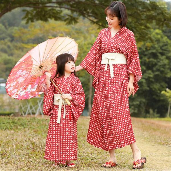 Vêtements ethniques Kimono japonais imprimé rouge Cardigan mère-fille Yukata traditionnel Sexy col en v vêtements d'extérieur quotidiens