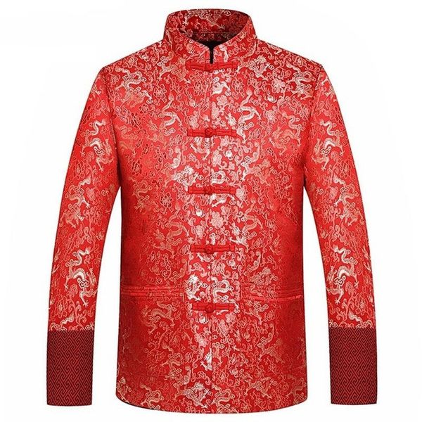 Vêtements ethniques Veste en soie rouge Hommes Automne Dragon Cheongsam Tops Plus Taille 4XL Costume traditionnel chinois Tang Mariage 230911