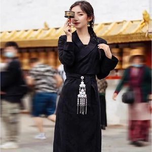Vêtements ethniques Red Tibet Lady Long Slim Fit Bo la robe Tibetan Girl Bola Robe Kangba Fashion Dance Traditionnel Bche noire