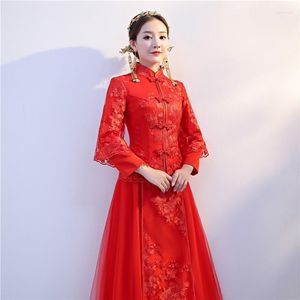 Etnische Kleding Rode Traditionele Chinese Trouwjurk 2023 Winter Lange Mouw Mandarijn Kraag Borduren Vrouwelijke Cheongsam Jurk FF1799