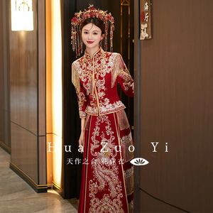 Vêtements ethniques Red Velvet Xiuhe 2023 Mariée Robes de mariée chinoises Ancient Bridal Toast Dres Hanfu Robes 231212