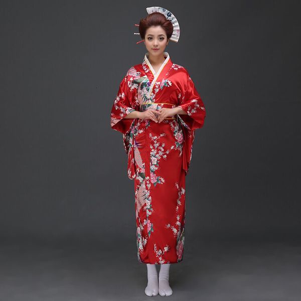 Vêtements ethniques rouge Vintage japonais dames Kimono robe de bain femmes fausse soie Yukata avec Obi Performance robe de danse Cosplay H0029 230331