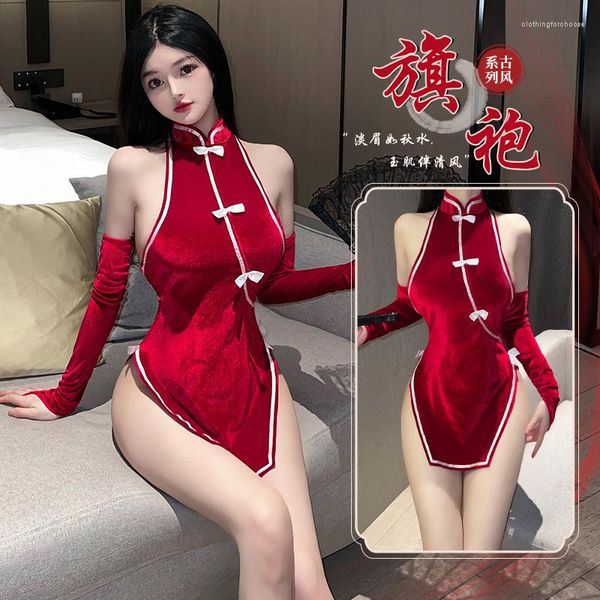 Ropa étnica Retro Cheongsam Uniforme Chino Tradicional High Slit Qipao Babydoll Lencería sexy Pasión Vestidos eróticos Traje de cosplay