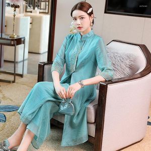 Vêtements ethniques rétro Style chinois Cheongsam costume Vintage broderie Qipao chemise haut et pantalon large élégant ensemble Oriental MT389