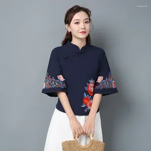 Ropa étnica Retro Mujeres chinas Blusa tradicional Vintage Oblique Camisa Zen Summer Agelly Tang Mandarin Collar Cheongsam Top