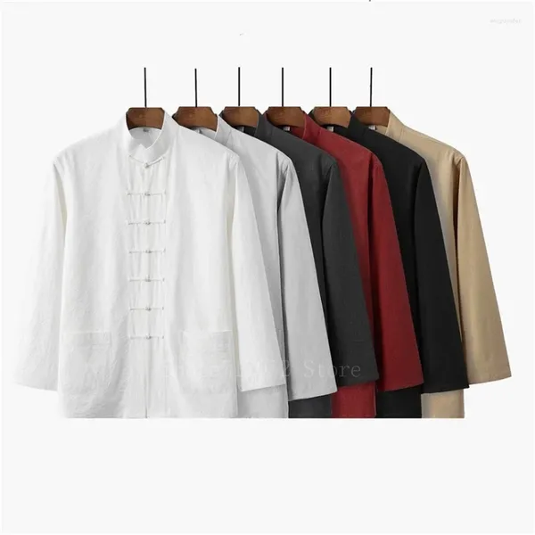 Ropa étnica Retro Hombre Chino Tradicional Hanfu Camisa Sólido Uniformes Casuales Lino Algodón Tang Traje Masculino Manga Larga Tai Chi