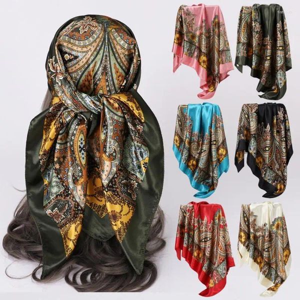 Ethnische Kleidung Retro-Druck Turban Arabisches Bandana Frauen 90 90CM Quadratischer Schal Muslimisches Stirnband Islamischer Schal Satinschals