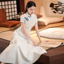 Ropa étnica Retro tradicional chino nacional de dos piezas traje Tang mejorado Cheongsam Tops y falda verano ajustado para mujer conjunto de ropa
