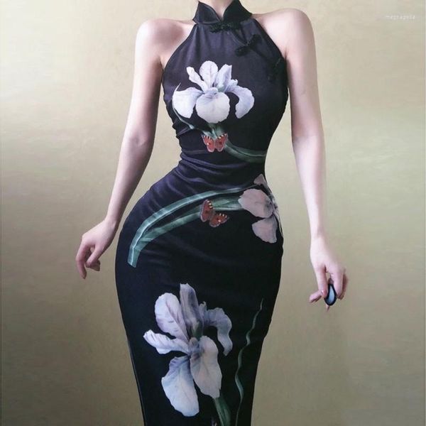 Ropa étnica Retro Chica joven Mejorado Moderno Qipao Sexy Cheongsam Vestido Impresión Temperamento Delgado Elegante Vestidos largos negros con cadera