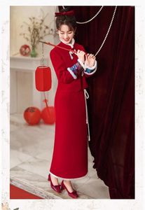 Vêtements ethniques Riche Famille Mille Or Ensemble Automne / Hiver Vêtements pour femmes Salutations de l'année Style chinois Haut en peluche et jupe deux pièces