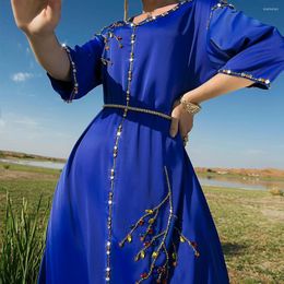 Etnische kleding gewaad Femme Musulmane Royal Blue Satijnen halve mouw moslims vrouwen kleedt Dubai Travel Abayas voor avondjurken