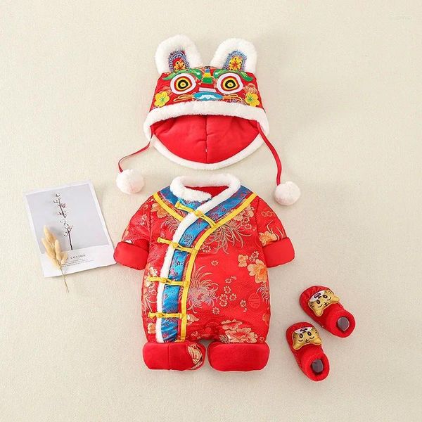 Vêtements ethniques Romper Chapeau Ensemble Tang Costume Bébé Chaud Rouge Robe Annuelle Peluche Épais Garçon Fille Chinois Année Traditionnelle Chanceux