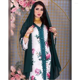 Etnische kleding Rose Gedrukt Dubai Abaya Jalabiya Vrouwen Braid Trim Crochet Lace Long Sleeve Moslim Maxi Jurk Arab Koeweit Islamitische kleding