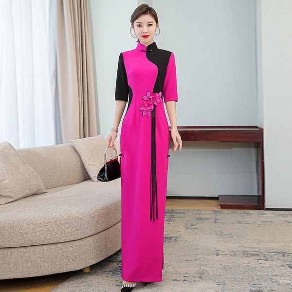 Ropa étnica Rosa rojo elegante delgado largo Qipao estilo de mujer tradicional vintage cheongsam vestido chino patchwork banquete traje de escenario