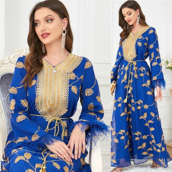 Ropa étnica azul real elegante vestido de noche bordado manga larga pluma aplique musulmán Oriente Medio vestidos de fiesta Ramadán Abaya