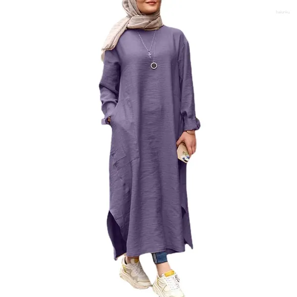 Ropa étnica S-5XL Mujeres sólidas Moda Muslim Abaya Manga suelta Dubai Turquía Hijab Kaftan Vestidos Cotton Maxi