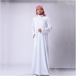 Etnische kleding S-Arabië Traditionele kostuums Heren moslim Jubba Thobe Effen wit Opstaande kraag Polyester lang gewaad Jurk Islamitische drop Dhb9U