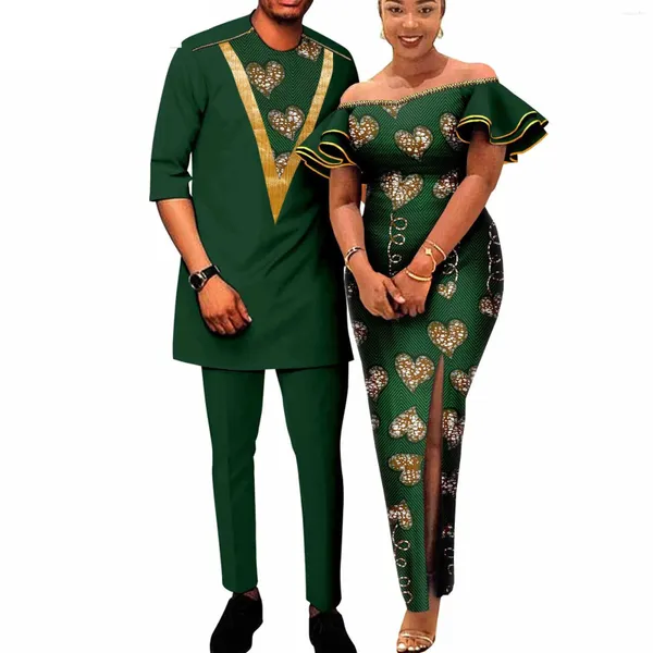 Vêtements ethniques Vente Robes d'impression africaines pour femmes Volants Manches Fit Correspondant Couple Tenues Dashiki Hommes Zipper Chemise Pantalon Ensembles