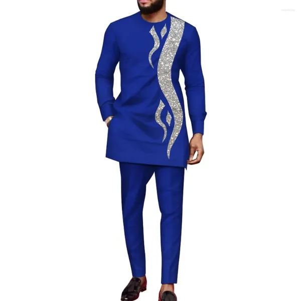 Soldes de vêtements ethniques !!!Bazin Riche hommes africains Boubou Dashiki costumes 2 pièces ensemble chemise à manches longues et pantalon mode Patchwork paillettes