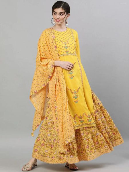 Vêtements ethniques Saree Style Femme Sari Costume Coton Soie Col Rond Long Imprimer Quotidien Casual Jaune