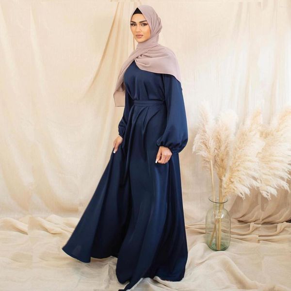 Ropa étnica Satén Abaya Vestido Moda musulmana Con cinturón Kaftan Dubai Turquía Árabe Africano Maxi Vestidos para mujeres Islam Modest Robes