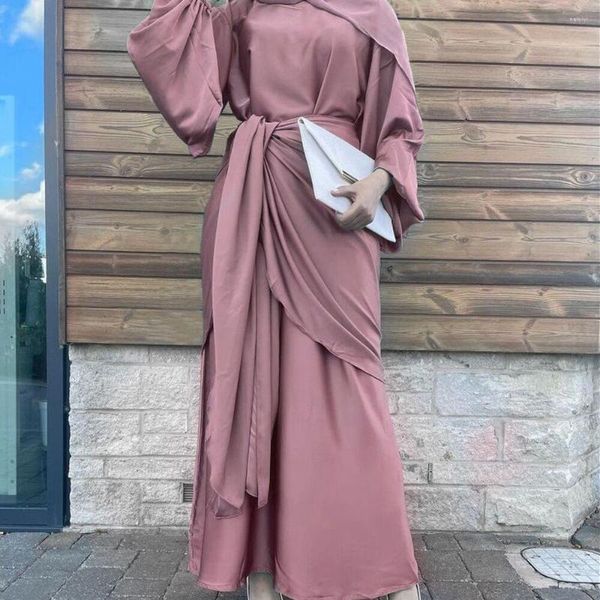 Ropa étnica Satén Abaya Conjuntos Dubai Moda Maxi Hijab Vestido musulmán Mujeres con falda envolvente Kaftan islámico africano Robe Femme Musulman