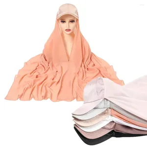 Etnische kleding Satijnen honkbalhoed met chiffon sjaal Hoofddoek Wraps Klaar om te dragen Instant Hijab Moslimvrouwen Sport Tulband Bandana Caps