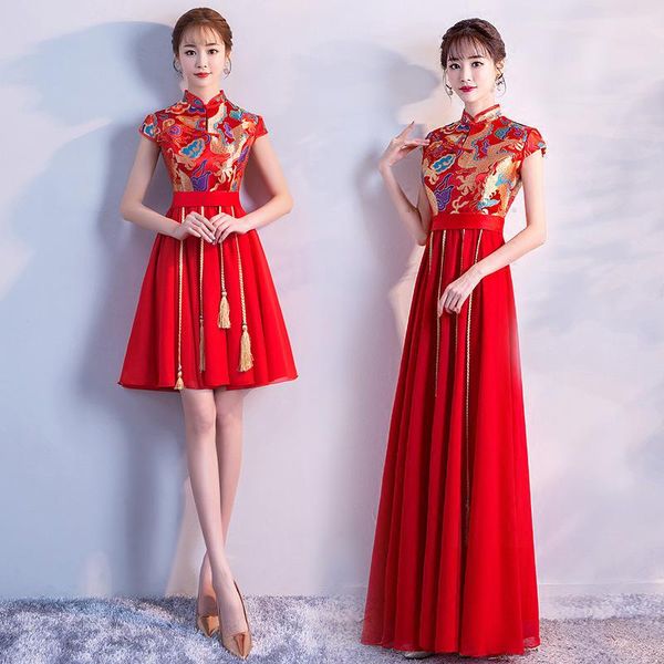 Etnische Kleding Satijnen Jurk Cheongsam Rode Bruid Trouwen Vintage Jurk Qi Pao Vrouwen Chinese Tang Pak Jurken Qipao Robe Orientale