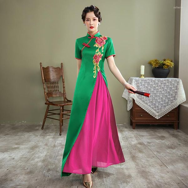 Vêtements ethniques Robe de soirée en satin Robe col Mandarin Cheongsam avec appliques de fleurs Sexy Qipao Femme Split Plus Size 3XL-7XL Long