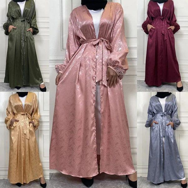 Vêtements ethniques Plume satin Open Abaya Dubai Turkey Kimono Cardigan Eid Ramadan Muslim Dress Women Islam Jalabiya Arab Robe Kaftan Party