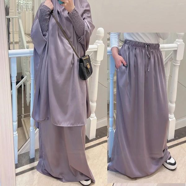 Vêtements ethniques Satin Khimar Abaya Set for Women Jilbab 2 Piece Abayas islamiques avec jupe Ramadan Eid Muslim Prayer Vêtements Dubaï Turquie