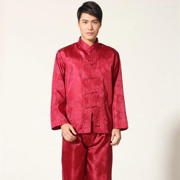 Vêtements ethniques Satin Hommes À Manches Longues Tang Costume Rétro Col Mandarin Casual Kong Fu Chinois Mâle Chemise Pantalon