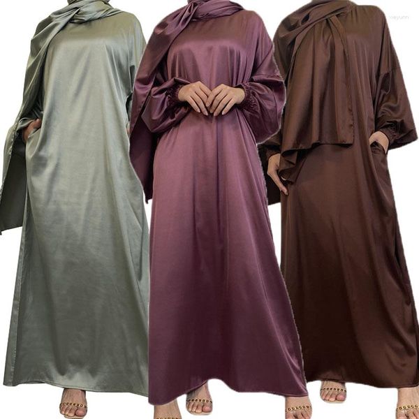 Vêtements ethniques Satin Musulman Abaya Femmes Manches Longues Maxi Robe Hijab Dubaï Kaftan Arabe Islamique Ramadan Eid Robe Djellaba Turquie Jalabiya