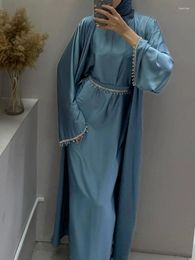 Vêtements ethniques Satin Ouvert Abaya Perles Kimono Robe Musulmane Plaine Abayas Pour Femmes Dubaï Luxe Turquie Fête Kaftan Robe Ramadan Islamique