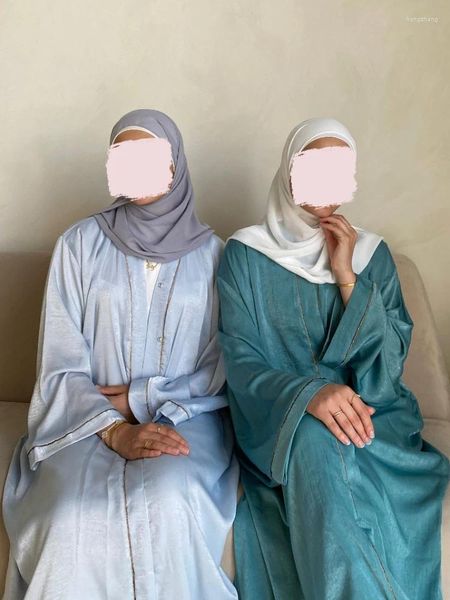 Ropa étnica Satin Open Abaya Kimono Cardigan Musulmán Letra Edge Abayas para mujeres Dubai Luxury Turquía Ramadán Islámica Kaftan Party Hijab
