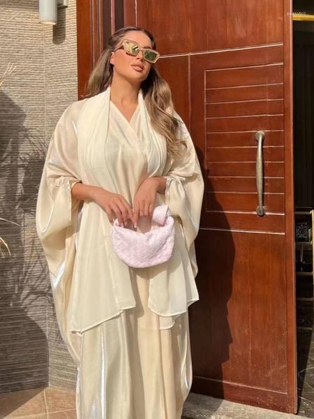 Vêtements ethniques Satin Ouvert Abaya Kimono Brillant Hijab Robe Musulmane Femmes Kaftan Islam Batwing Abayas Cardigan Robes Turquie Partie Dubaï