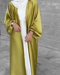 Etnische Kleding Satijn Open Abaya Kalkoen Kimono Abaya's voor Vrouwen Dubai Bubble Sleeve Effen Moslim Hijab Jurk Islam Modest Outfit Kaftan Gewaad 230721