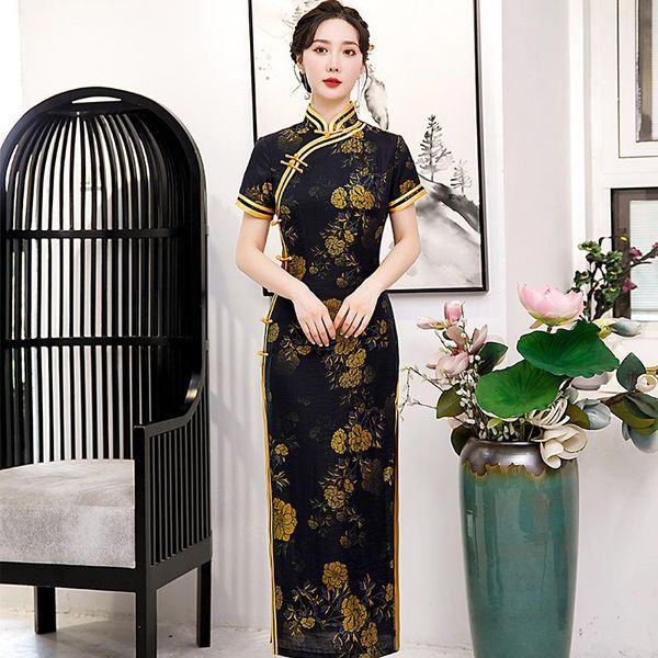 Vêtements ethniques Satin Sexy Haute Split Qipao Pour Les Femmes Vintage Mandarin Col Cheongsam Slim Wrap Dress Élégant Imprimer Classique Robe Chinoise