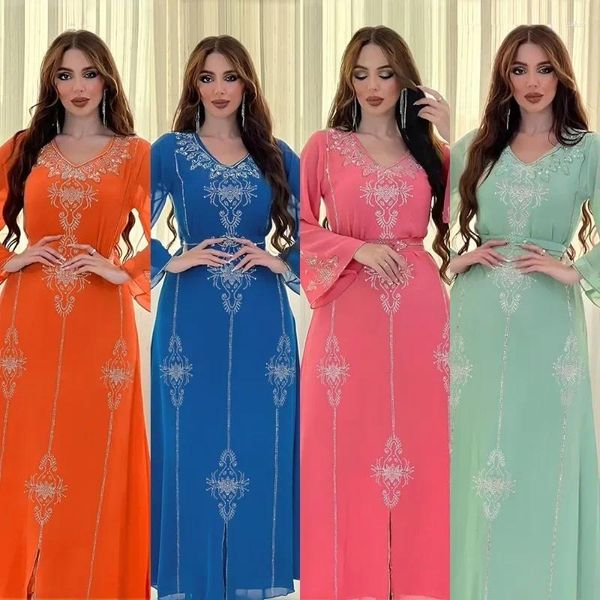 Ropa étnica Arabia Saudita Dubai Moda Drinestone Falda Summer Chiffon Bata Medio Oriente Vestidos de noche para mujeres Muslim