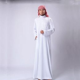 Etnische Kleding Saudi Arabië Traditionele Kostuums Man Moslim Jubba Thobe Effen Wit Stand Kraag Polyester Lange Gewaad Gown Islamic238Z